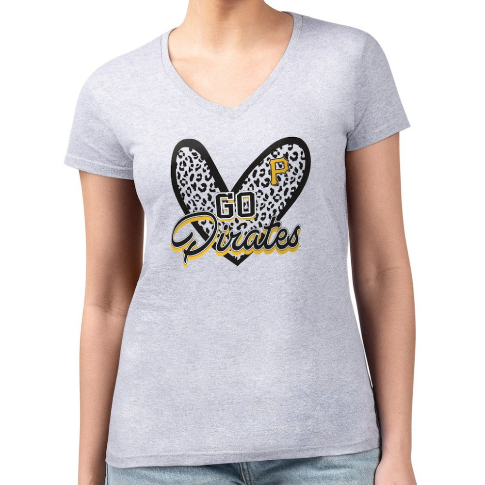 Pittsburgh Pirates G-III 4Her by Carl Banks Women's Super-Slim Fit Lightweight Leopard Heart V-Neck T-Shirt Heather Gray