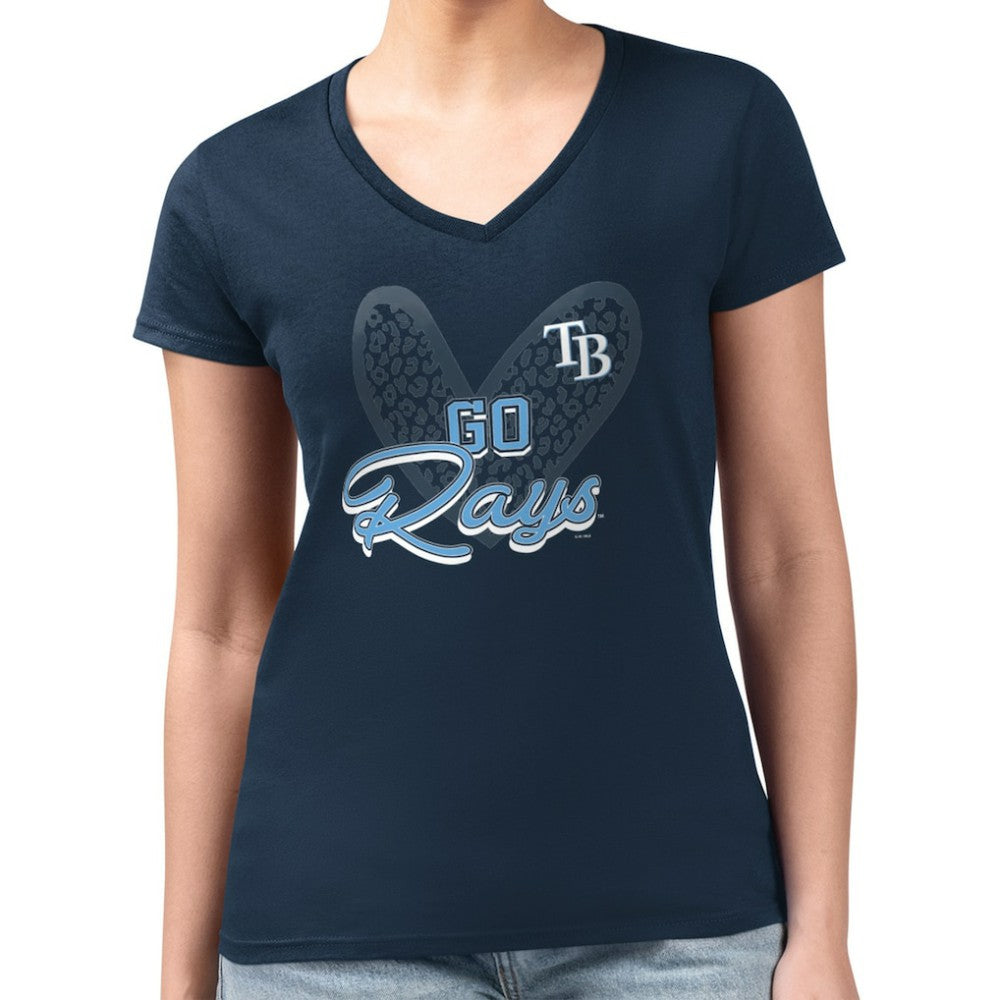Tampa Bay Rays G-III 4Her by Carl Banks Women's Super-Slim Fit Lightweight Leopard Heart V-Neck T-Shirt Navy