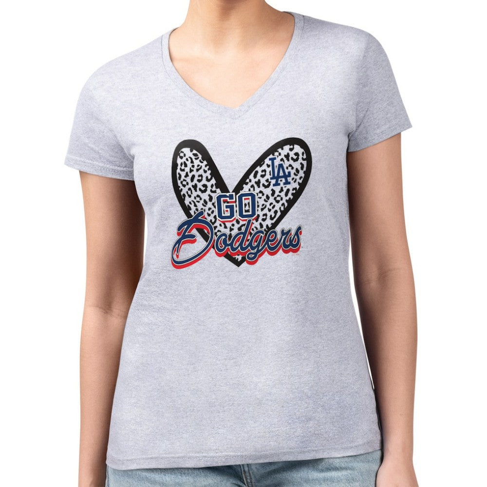 Los Angeles Dodgers G-III 4Her by Carl Banks Women's Super-Slim Fit Lightweight Leopard Heart V-Neck T-Shirt Heather Gray