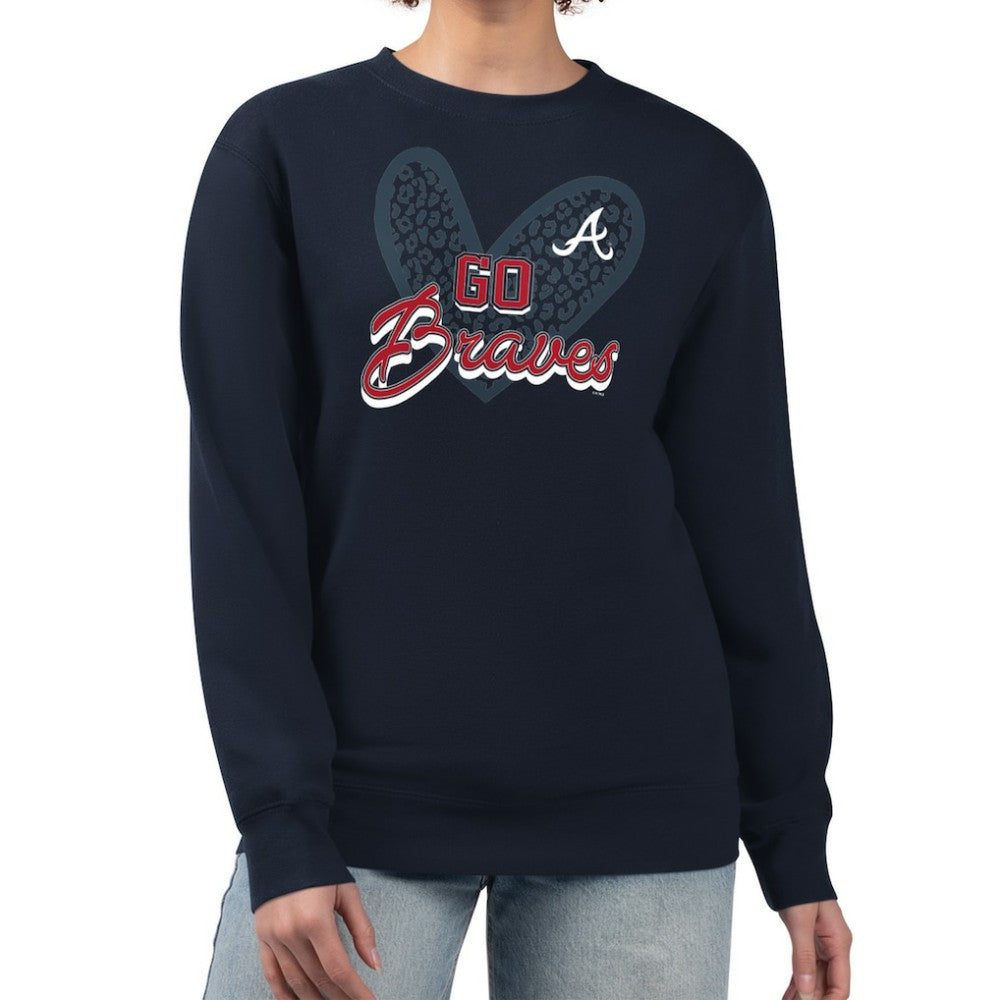 Atlanta Braves G-III 4Her by Carl Banks Women's Leopard Heart Pullover Sweatshirt Navy