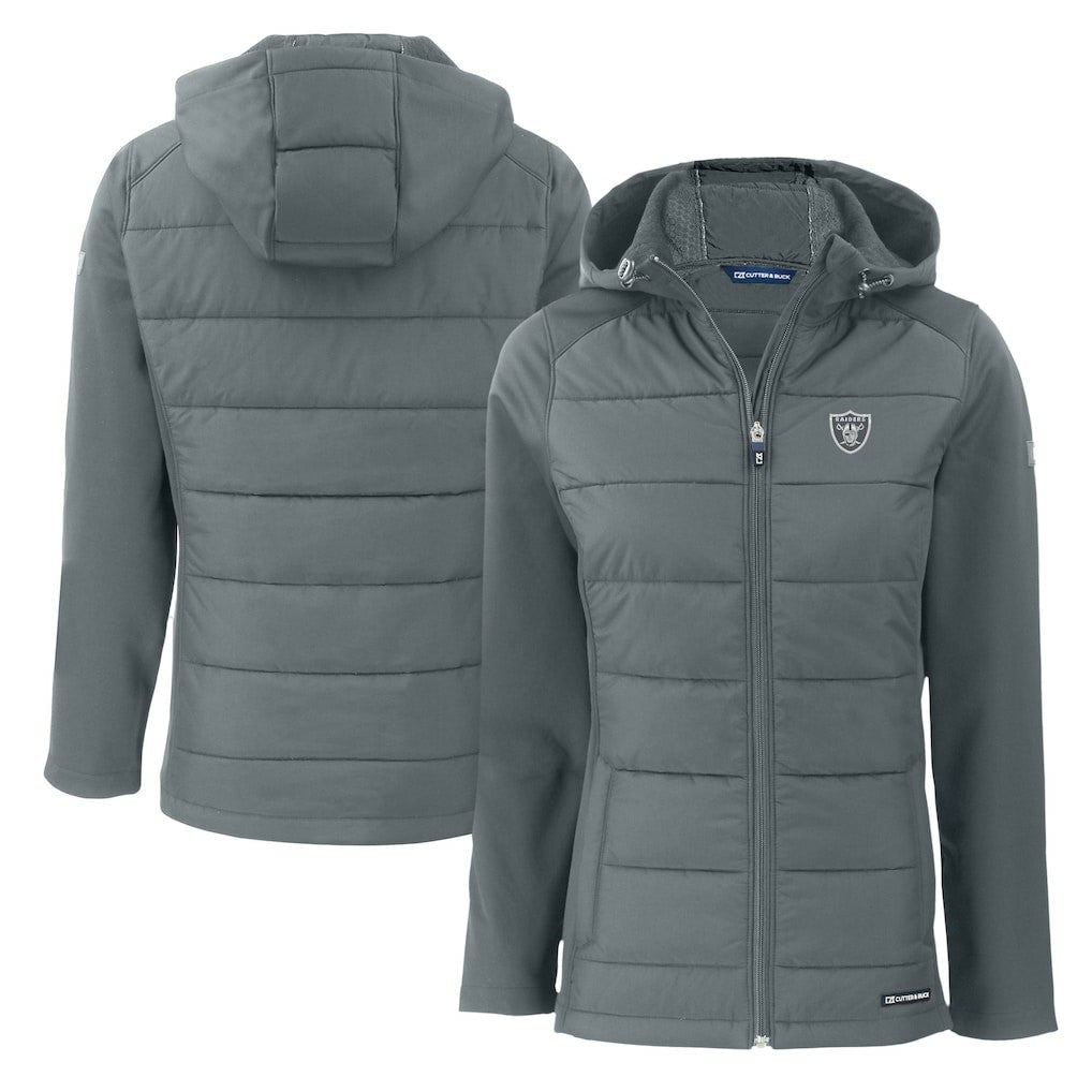Las Vegas Raiders Cutter & Buck Women's Evoke Hybrid Eco Softshell Recycled Full-Zip Hoodie Jacket - Dark Gray on sale