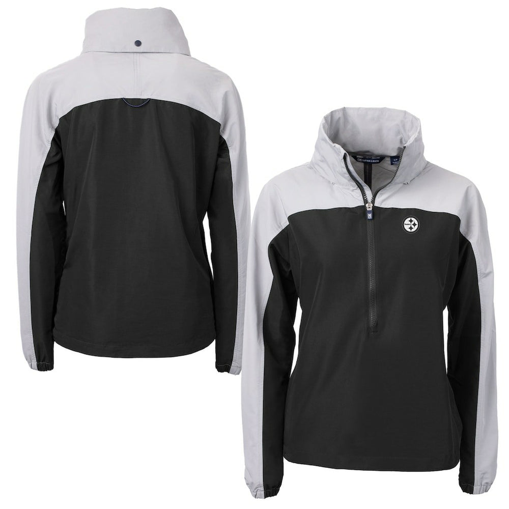 Pittsburgh Steelers Cutter & Buck Women's Charter Eco Recycled Half-Zip Hoodie Anorak Jacket - Black/Gray for sale