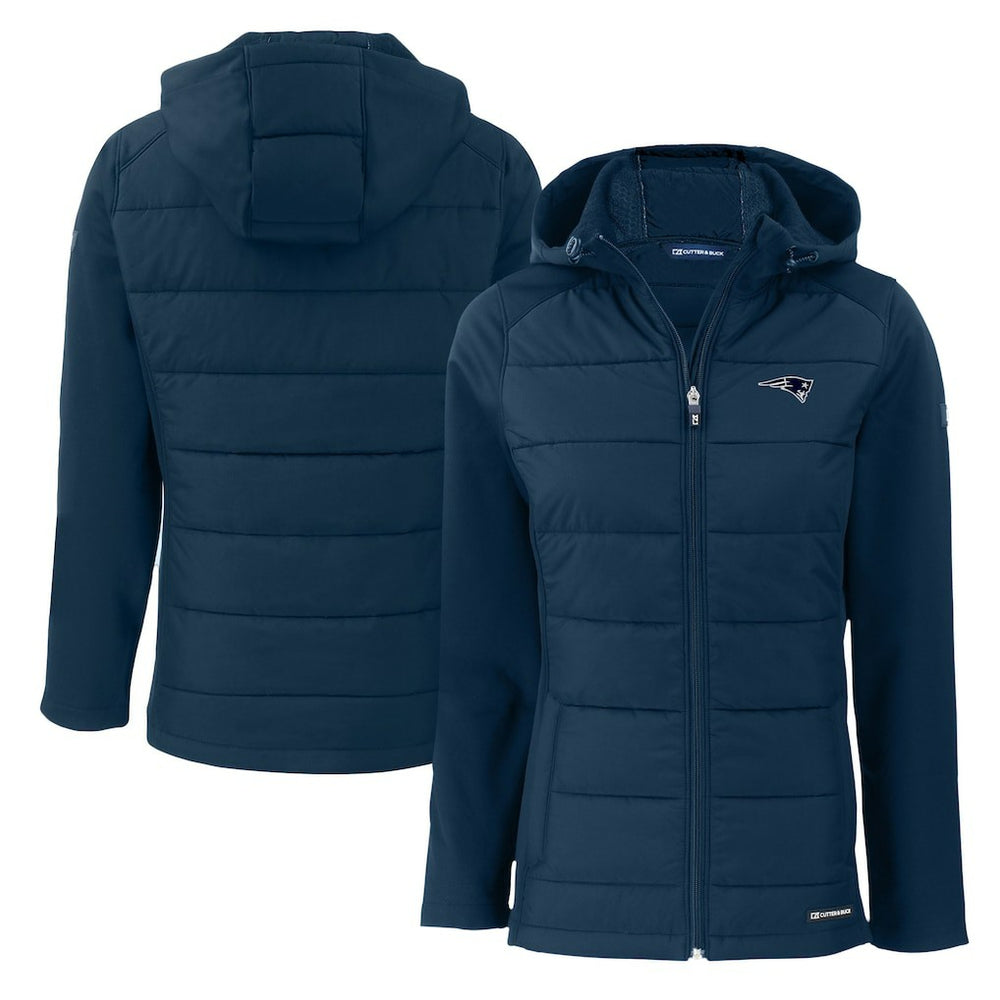 New England Patriots Cutter & Buck Women's Evoke Hybrid Eco Softshell Recycled Full-Zip Hoodie Jacket - Navy on sale