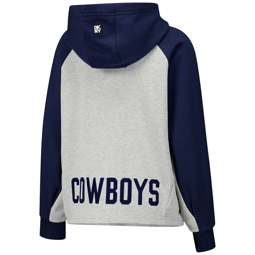 Dallas Cowboys DKNY Sport Women's Joy Cropped Raglan Pullover Hoodie - Gray/Navy on sale