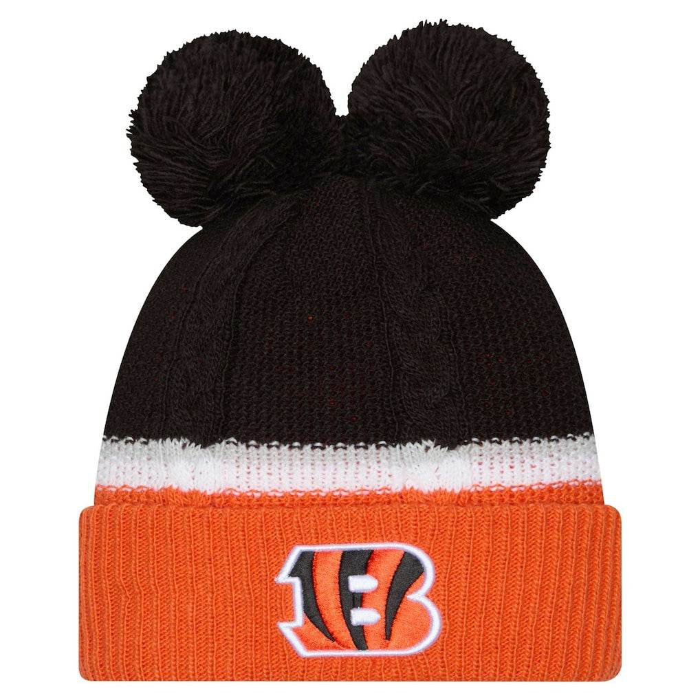 Cincinnati Bengals New Era Women's Double Bubble Cuffed Knit Hat with Poms - Black for sale