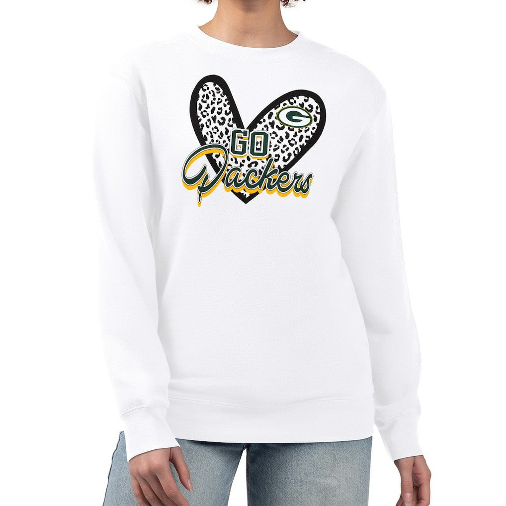 Green Bay Packers G-III 4Her by Carl Banks Women's Leopard Heart Pullover Sweatshirt - White on sale