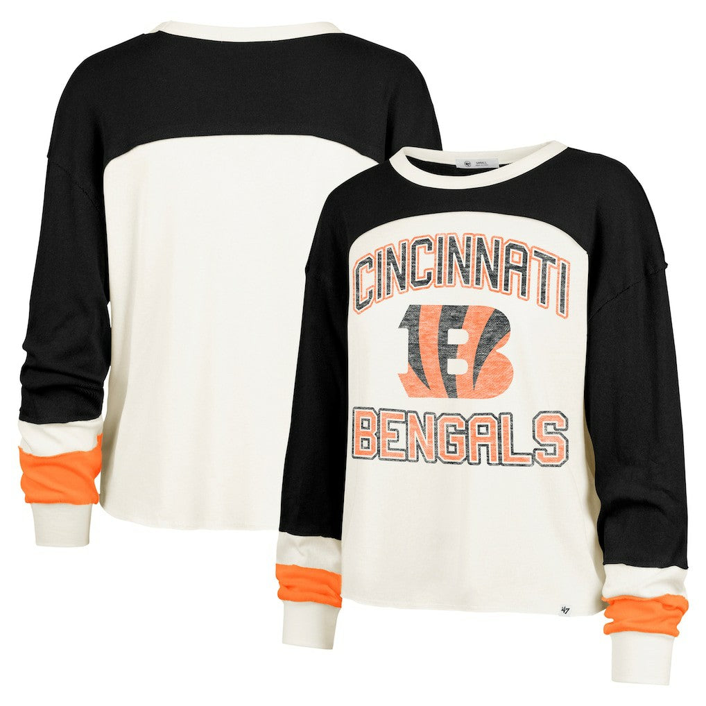 Cincinnati Bengals '47 Women's Double Header Curve Raglan Long Sleeve Crop Top - Cream on sale