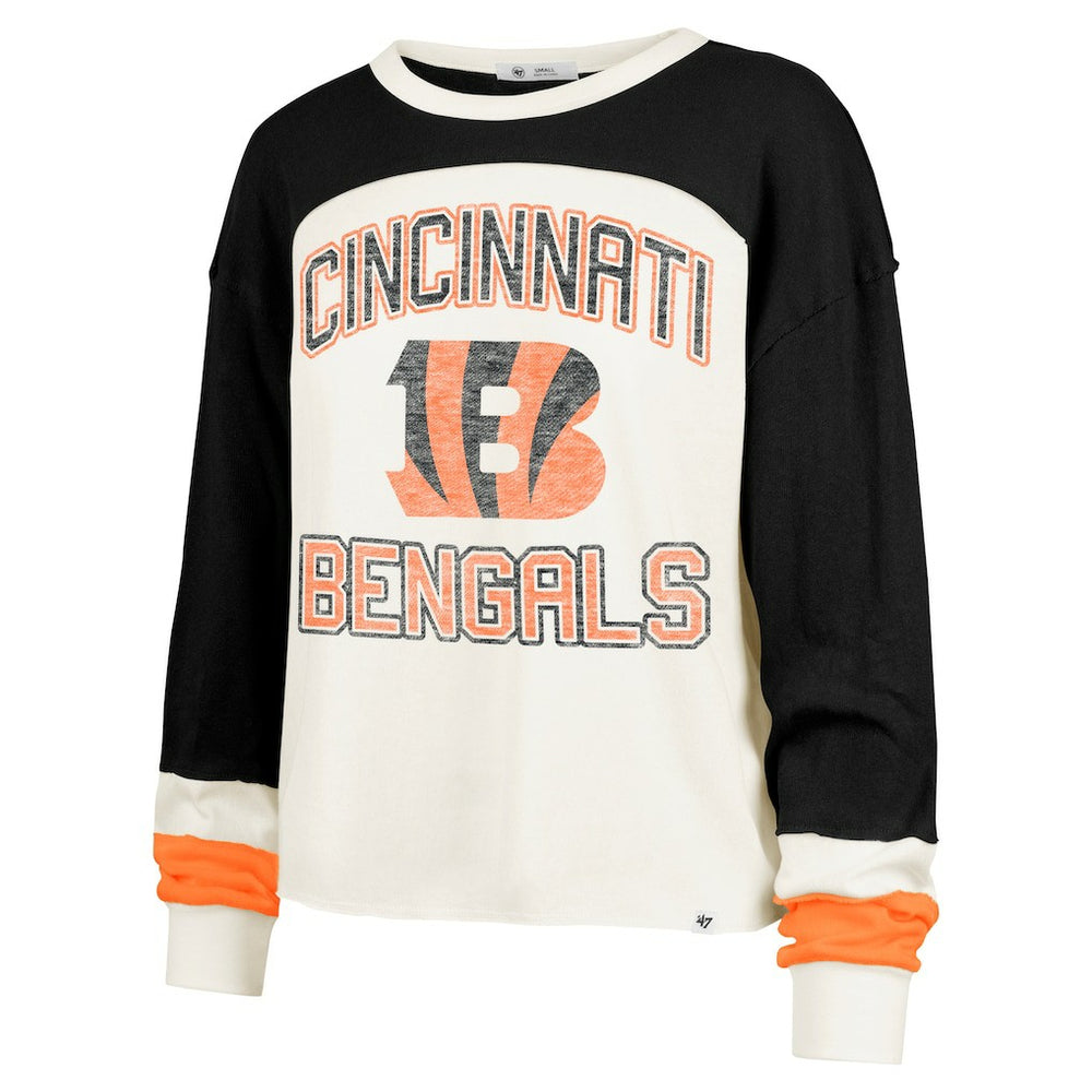 Cincinnati Bengals '47 Women's Double Header Curve Raglan Long Sleeve Crop Top - Cream on sale