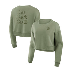 Green Bay Packers Women's Studio Tri-Blend Cropped Pullover Sweatshirt - Olive sale