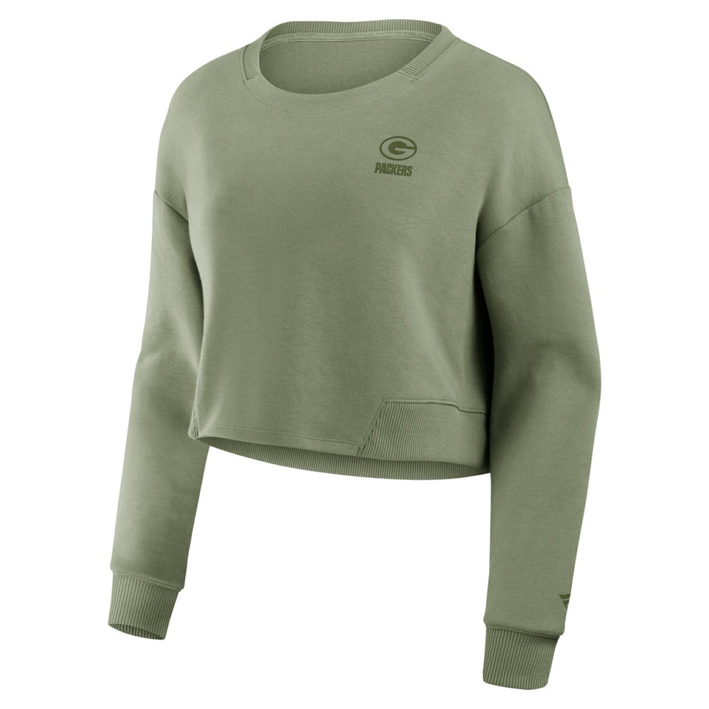 Green Bay Packers Women's Studio Tri-Blend Cropped Pullover Sweatshirt - Olive sale