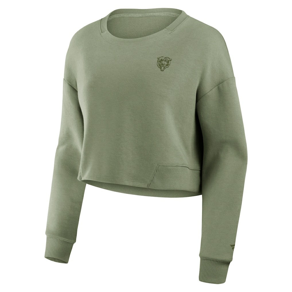 Chicago Bears Women's Studio Tri-Blend Cropped Pullover Sweatshirt - Olive on sale