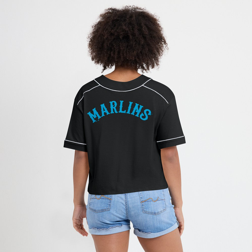 Miami Marlins Women's Oversized Champ Game Cropped  V-Neck T-Shirt Black