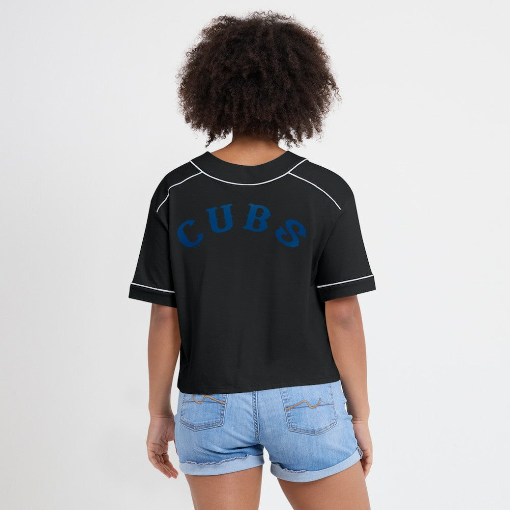 Chicago Cubs Women's Oversized Champ Game Cropped  V-Neck T-Shirt Black