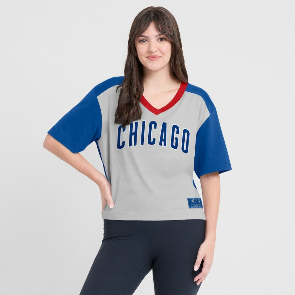 Chicago Cubs Oversized Race To Win V-Neck T-Shirt Royal/Graphite