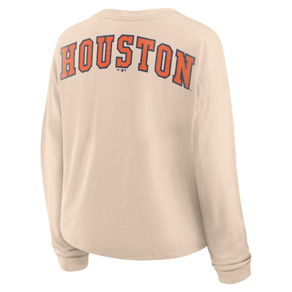 Houston Astros Women's Oversized Stadium Slub Long Sleeve Henley T-Shirt Tan