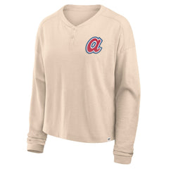 Atlanta Braves Women's Oversized Stadium Slub Long Sleeve Henley T-Shirt Tan