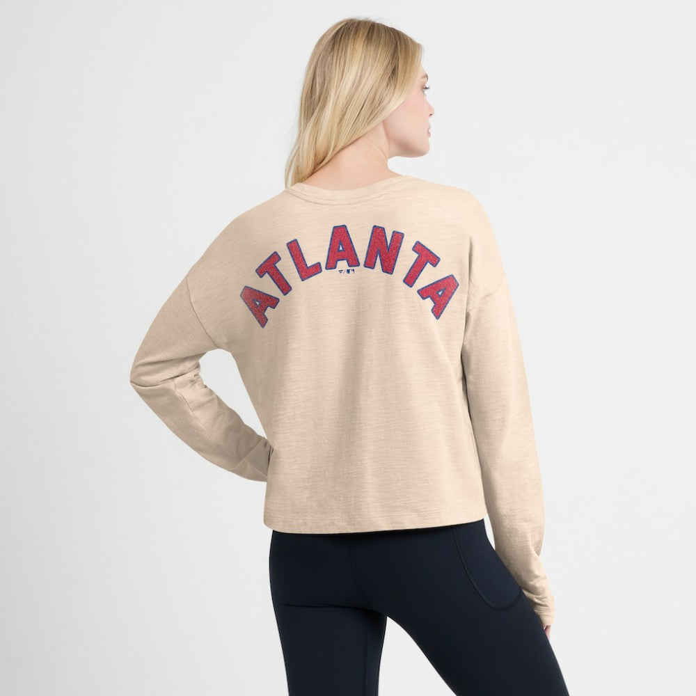 Atlanta Braves Women's Oversized Stadium Slub Long Sleeve Henley T-Shirt Tan