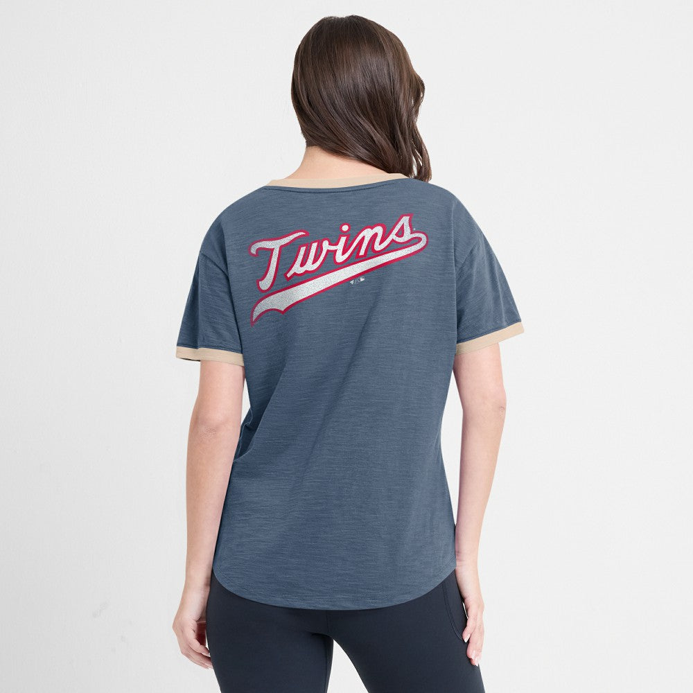 Minnesota Twins Women's Binge Worthy Stadium Slub V-Neck T-Shirt Navy