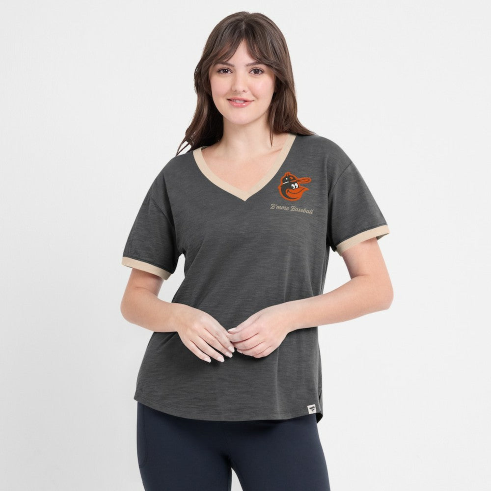 Baltimore Orioles Women's Binge Worthy Stadium Slub V-Neck T-Shirt Black
