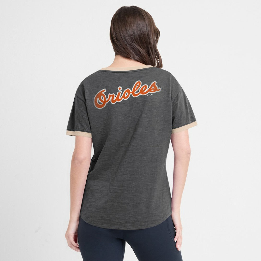 Baltimore Orioles Women's Binge Worthy Stadium Slub V-Neck T-Shirt Black