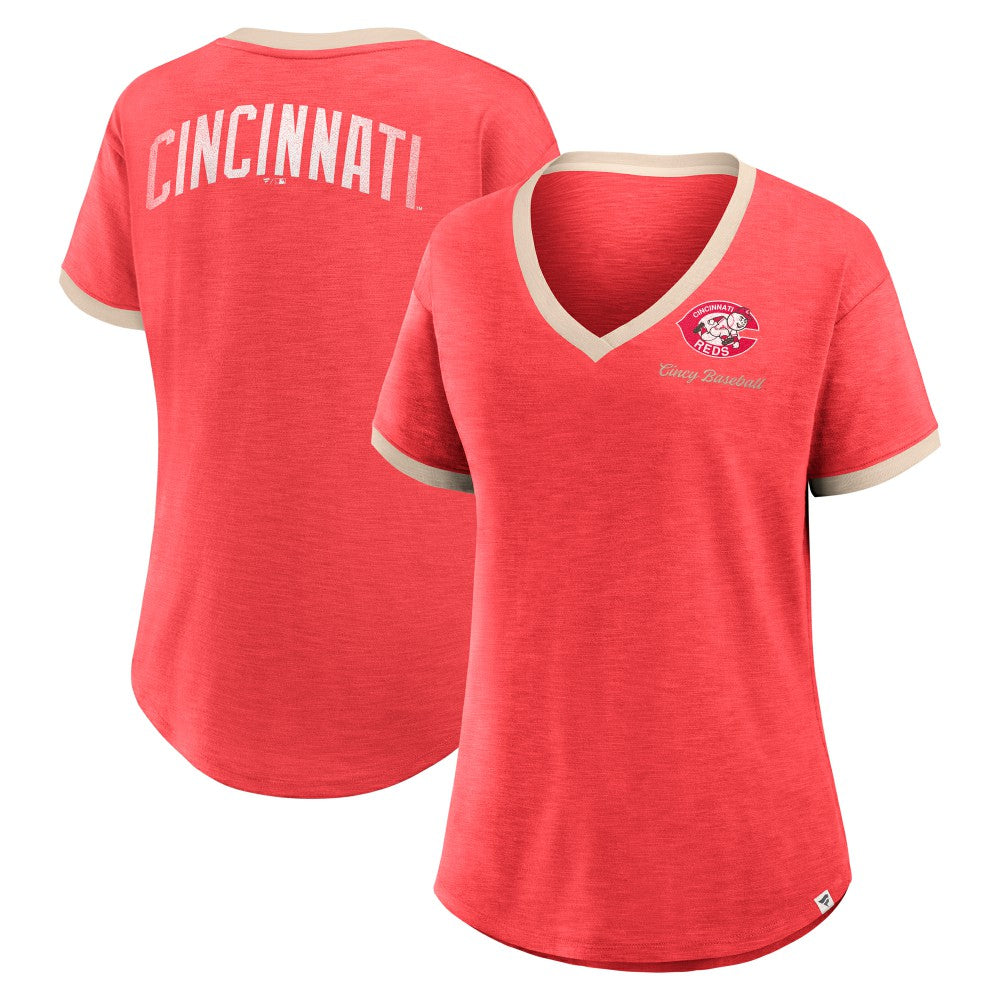 Cincinnati Reds Women's Binge Worthy Stadium Slub V-Neck T-Shirt Red