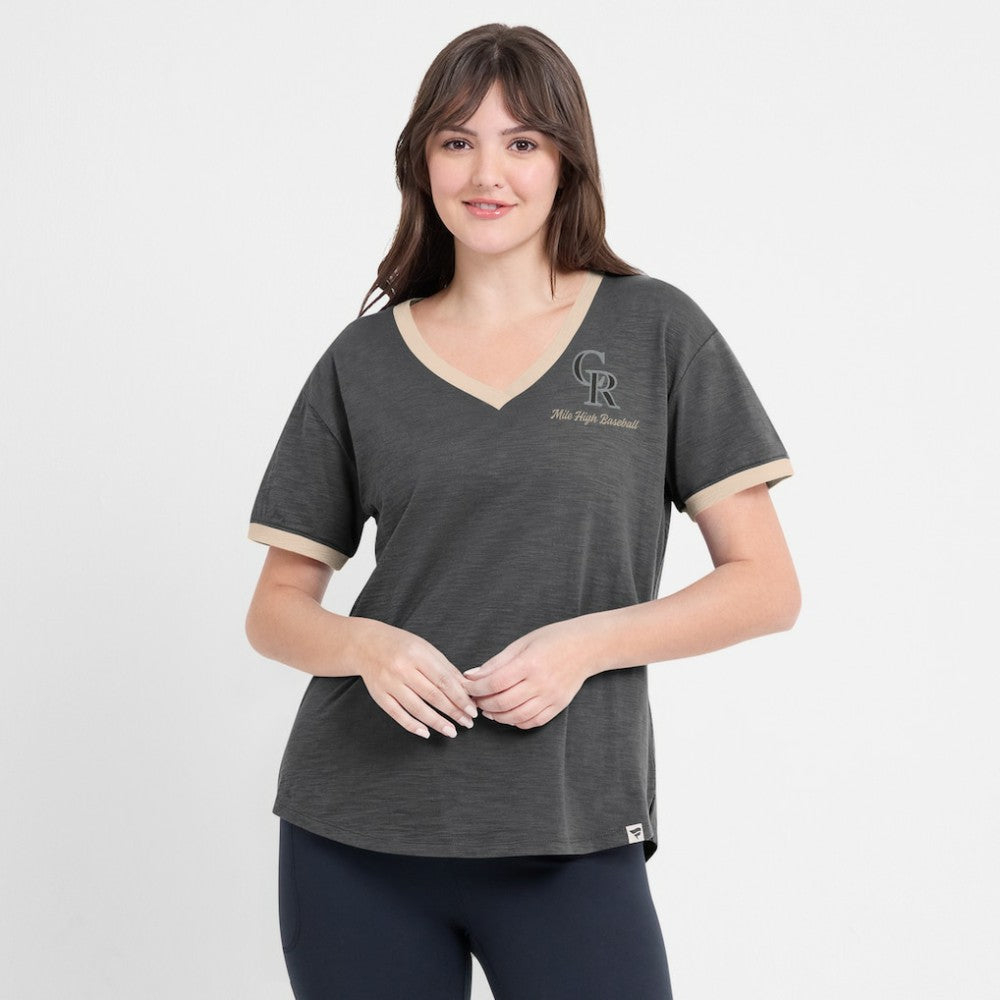 Colorado Rockies Women's Binge Worthy Stadium Slub V-Neck T-Shirt Black