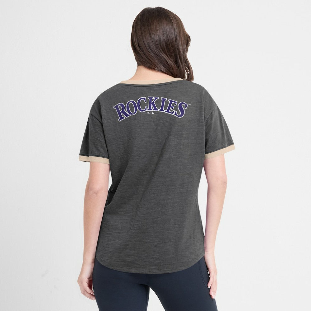 Colorado Rockies Women's Binge Worthy Stadium Slub V-Neck T-Shirt Black