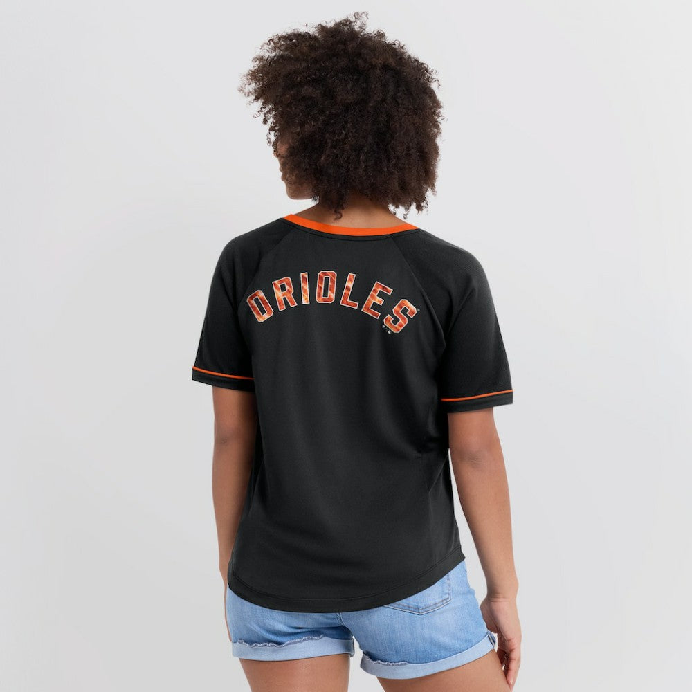 Baltimore Orioles Women's Cooperstown Collection League Diva Raglan V-Neck T-Shirt Black