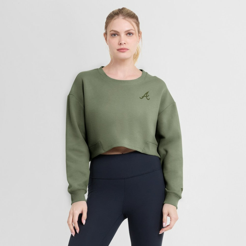 Atlanta Braves Women's Studio Cropped Pullover Sweatshirt Olive