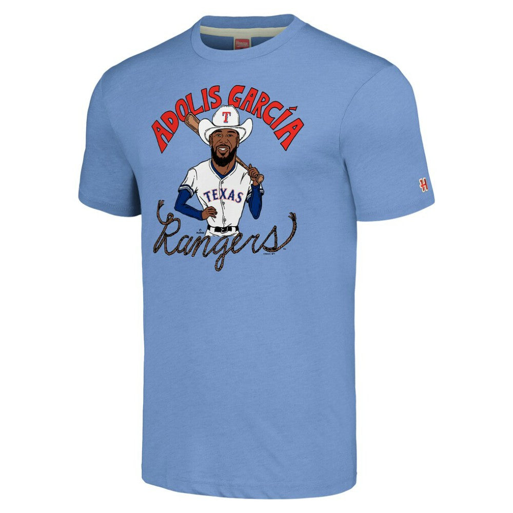 Adolis García Texas Rangers Homage Caricature Player Tri-Blend T-Shirt Light Blue