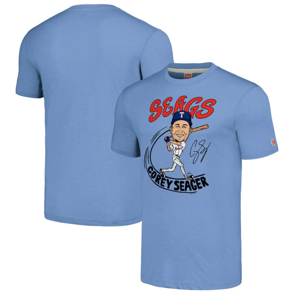 Corey Seager Texas Rangers Homage Caricature Player Tri-Blend T-Shirt Light Blue