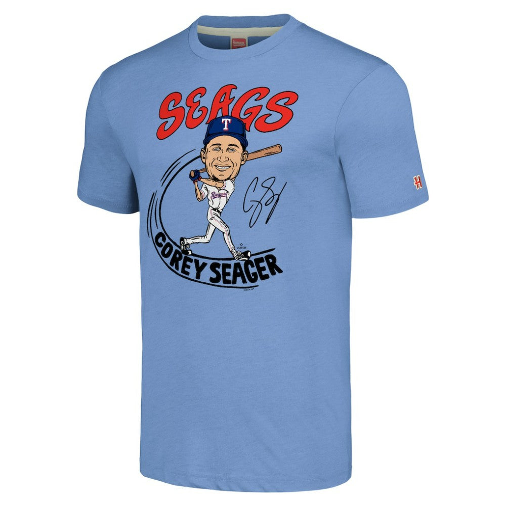 Corey Seager Texas Rangers Homage Caricature Player Tri-Blend T-Shirt Light Blue