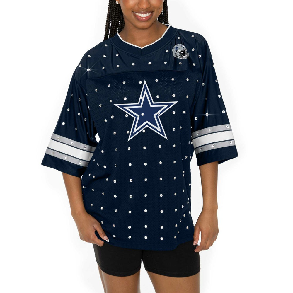 Dallas Cowboys Gameday Couture Women's Kickoff Time Allover Rhinestone Sports Stripe Jersey V-Neck T-Shirt - Navy outlet