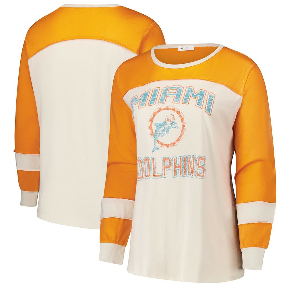 Miami Dolphins '47 Women's Plus Size Double Header Curve Toni Long Sleeve T-Shirt - Cream/Orange for sale