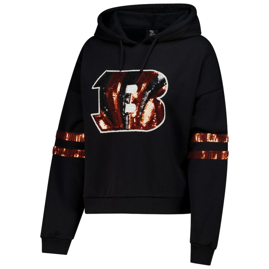 Cincinnati Bengals Cuce Women's Cropped Sequins Pullover Hoodie - Black outlet