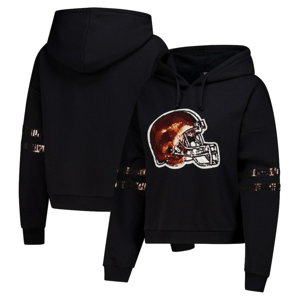 Cleveland Browns Cuce Women's Cropped Sequins Pullover Hoodie - Black discount