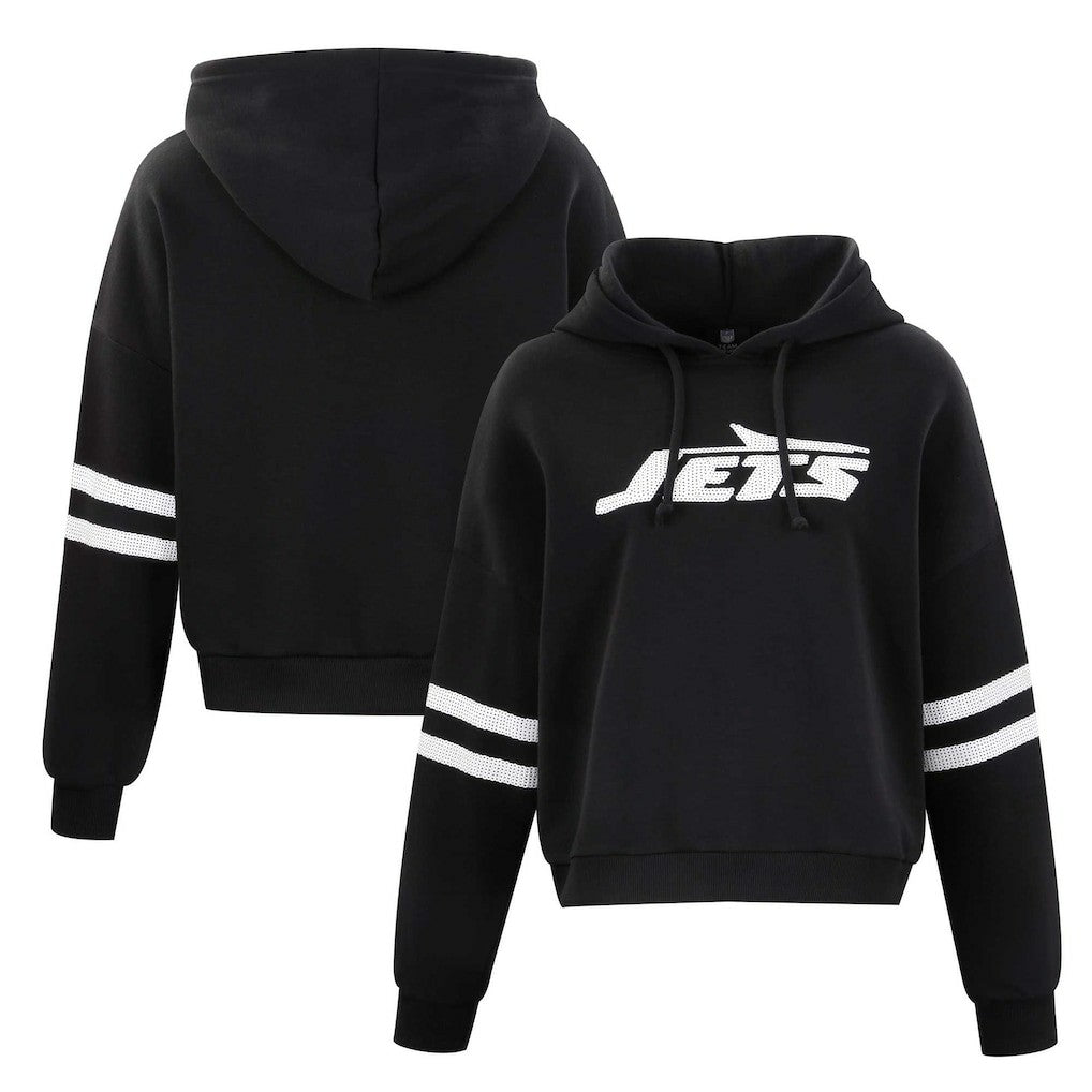 New York Jets Cuce Women's Cropped Sequins Pullover Hoodie - Black discount