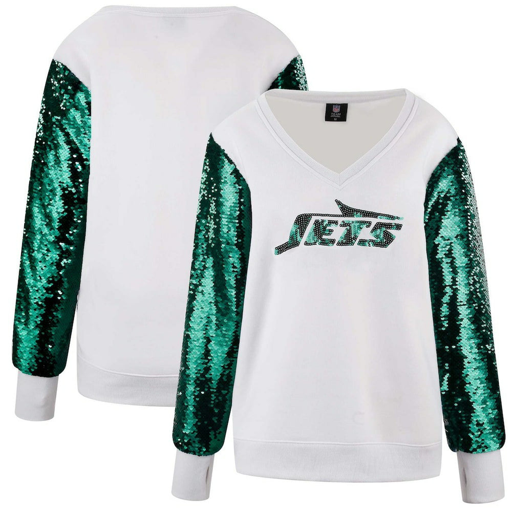 New York Jets Cuce Women's Sequin Sleeve V-Neck Pullover Sweatshirt- White outlet