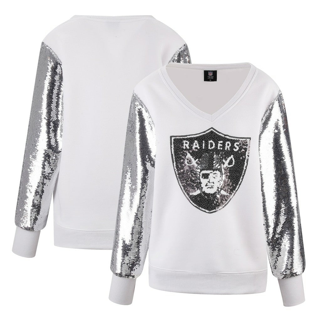 Las Vegas Raiders Cuce Women's Sequin Sleeve V-Neck Pullover Sweatshirt- White cheap