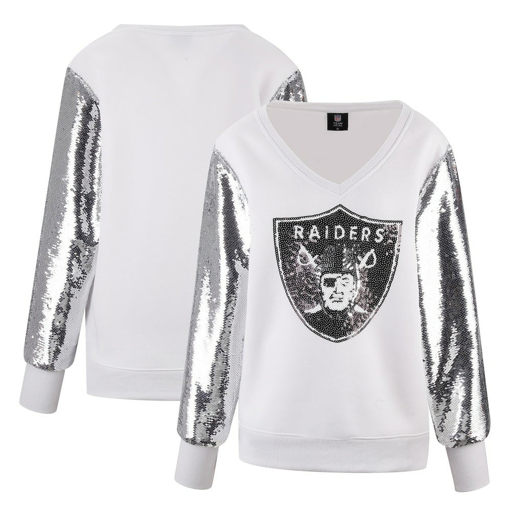 Las Vegas Raiders Cuce Women's Sequin Sleeve V-Neck Pullover Sweatshirt- White cheap