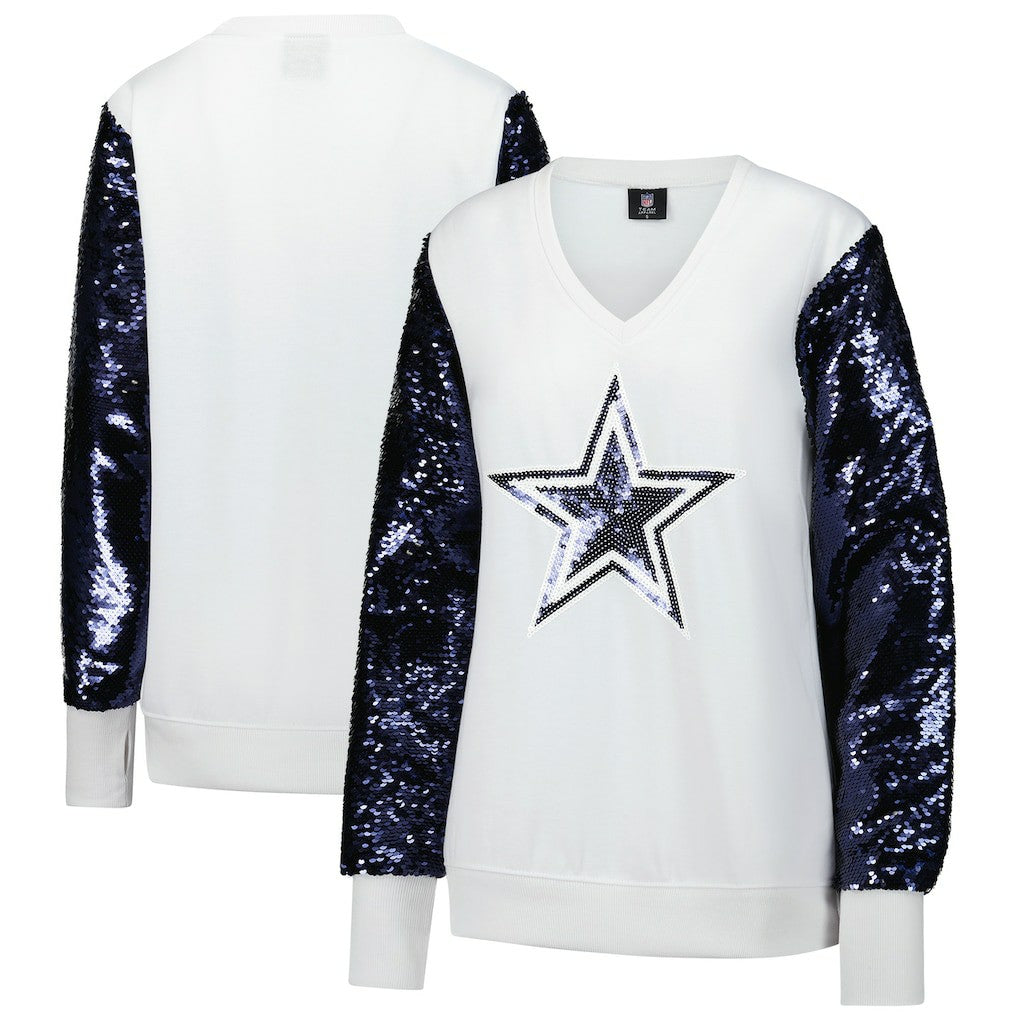 Dallas Cowboys Cuce Women's Sequin Sleeve V-Neck Pullover Sweatshirt- White on sale