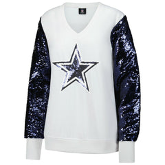 Dallas Cowboys Cuce Women's Sequin Sleeve V-Neck Pullover Sweatshirt- White on sale