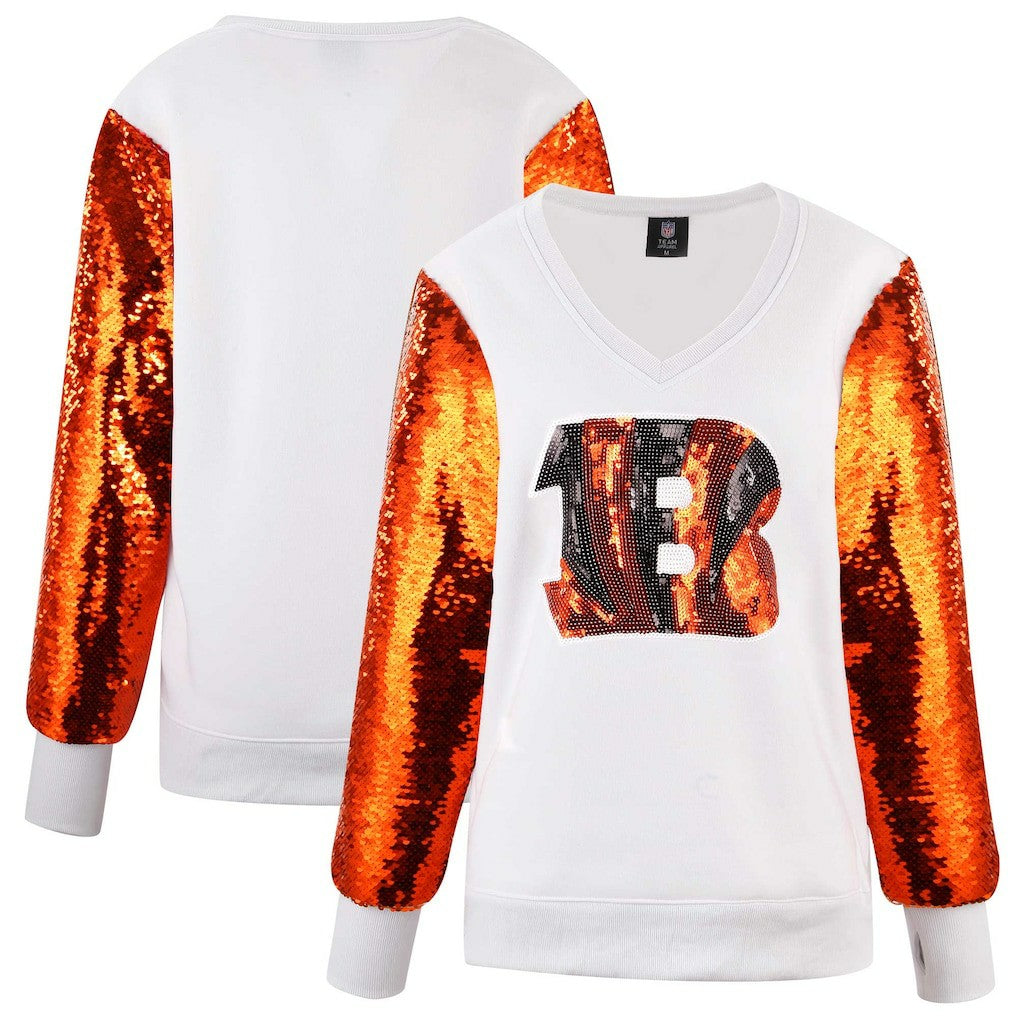 Cincinnati Bengals Cuce Women's Sequin Sleeve V-Neck Pullover Sweatshirt- White outlet