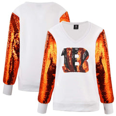 Cincinnati Bengals Cuce Women's Sequin Sleeve V-Neck Pullover Sweatshirt- White outlet