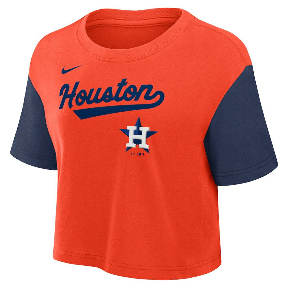 Houston Astros Women's Script Dri-FIT Cropped T-Shirt Orange/Navy