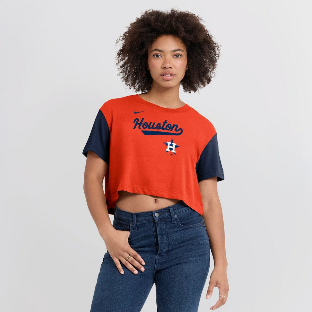 Houston Astros Women's Script Dri-FIT Cropped T-Shirt Orange/Navy