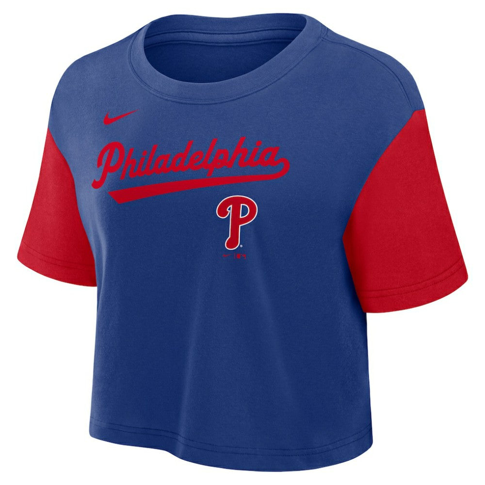 Philadelphia Phillies Women's Script Dri-FIT Cropped T-Shirt Royal/Red