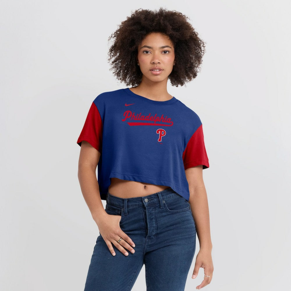 Philadelphia Phillies Women's Script Dri-FIT Cropped T-Shirt Royal/Red