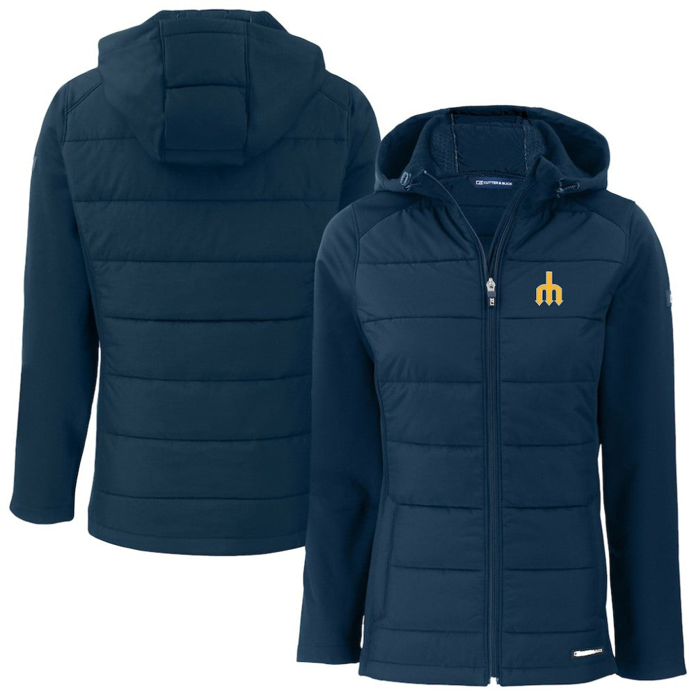 Seattle Mariners Cutter & Buck Women's  Evoke Hybrid Eco Softshell Recycled Full-Zip Hoodie Jacket Navy