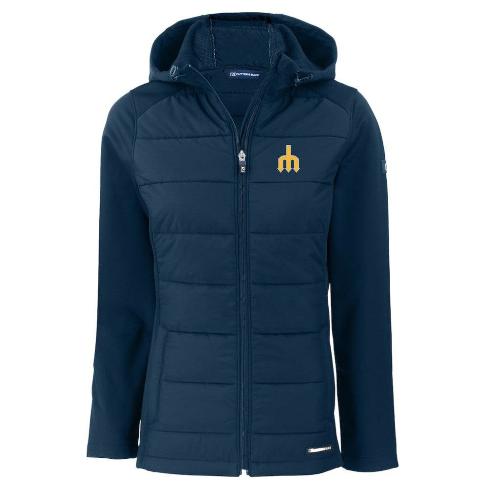 Seattle Mariners Cutter & Buck Women's  Evoke Hybrid Eco Softshell Recycled Full-Zip Hoodie Jacket Navy